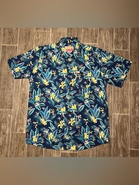 Dixxon Flannel Mahalo Aloha Hawaiian Floral Blue Short Sleeve Shirt Mens Large
